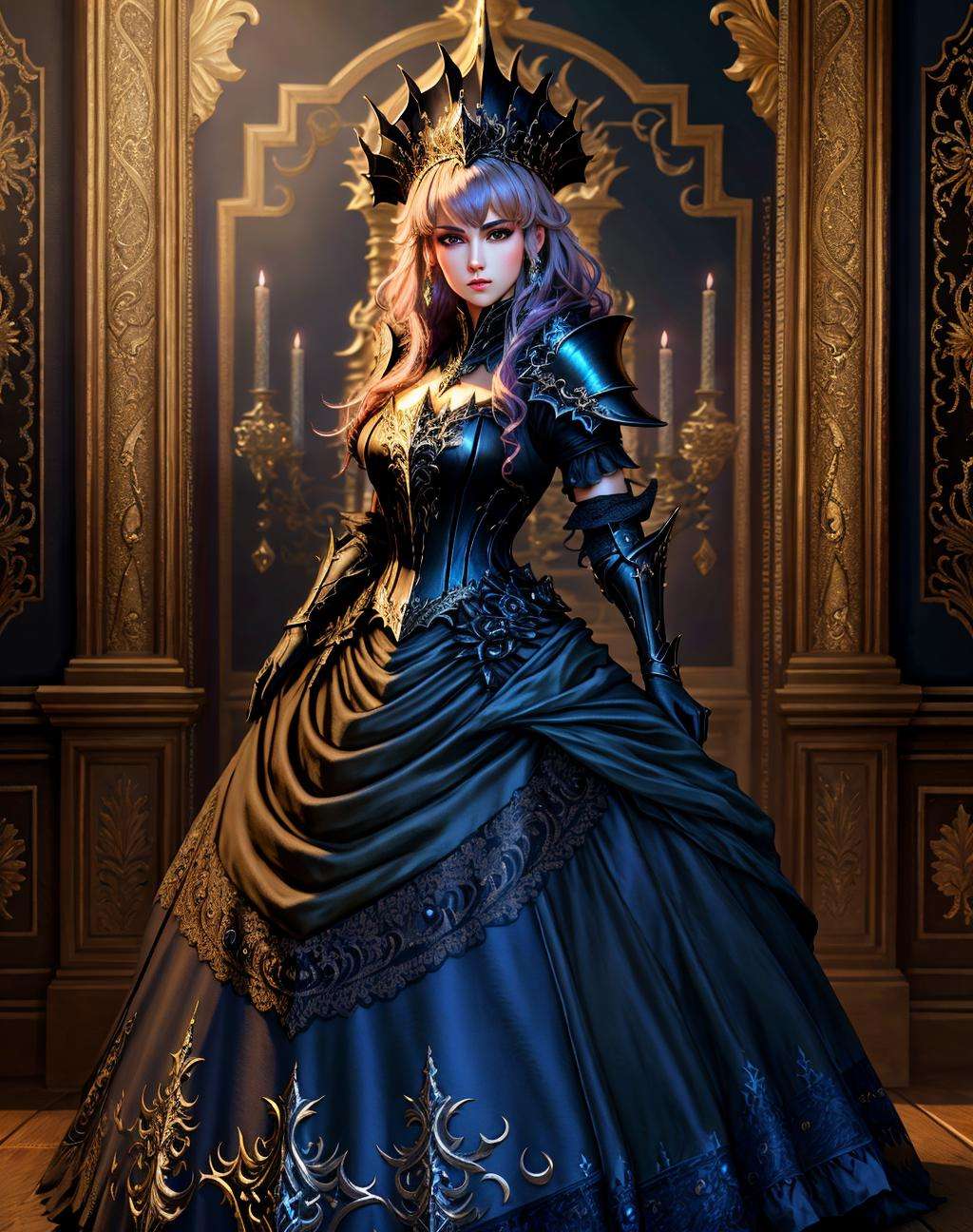 Masterpiece, absurdres,HDR, wallpaper quality ,highly detailed eyes and face, [ballgown|DRK_Glam], a woman in a dark armor gown posing for a picture , wearing  a black [ballgown|DRK_Glam], <lora:DarkGown:1>