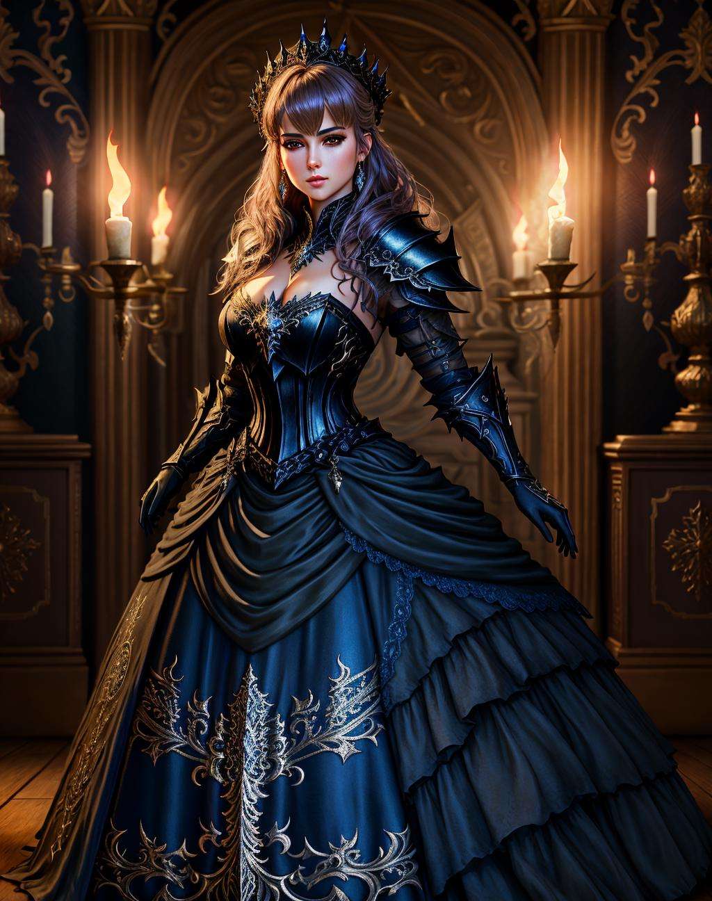 Masterpiece, absurdres,HDR, wallpaper quality ,highly detailed eyes and face, [ballgown|DRK_Glam], a woman in a dark armor gown posing for a picture , wearing  a black [ballgown|DRK_Glam], <lora:DarkGown:1>