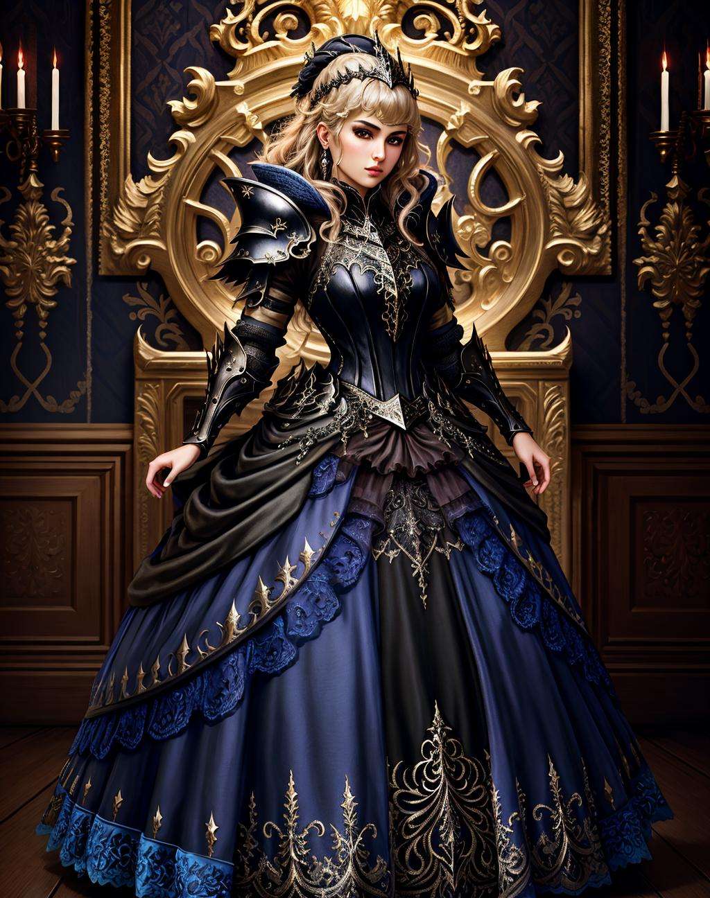 Masterpiece, absurdres,HDR, wallpaper quality ,highly detailed eyes and face, [ballgown|DRK_Glam], a woman in a dark armor gown posing for a picture , wearing  a black [ballgown|DRK_Glam], <lora:DarkGown:1>