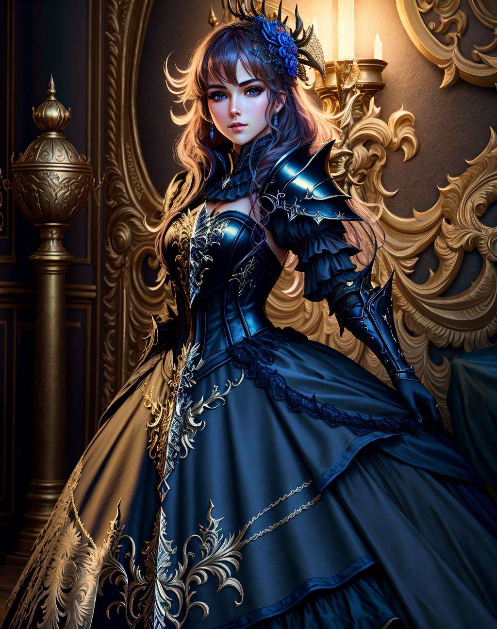 Masterpiece, absurdres,HDR, wallpaper quality ,highly detailed eyes and face, [ballgown|DRK_Glam], a woman in a dark armor gown posing for a picture , wearing  a black [ballgown|DRK_Glam], <lora:DarkGown:1>