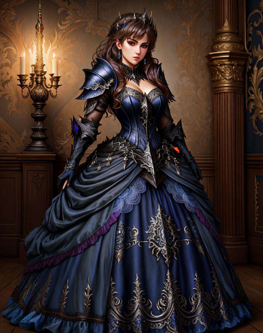 Masterpiece, absurdres,HDR, wallpaper quality ,highly detailed eyes and face, [ballgown|DRK_Glam], a woman in a dark armor gown posing for a picture , wearing  a black [ballgown|DRK_Glam], <lora:DarkGown:1>