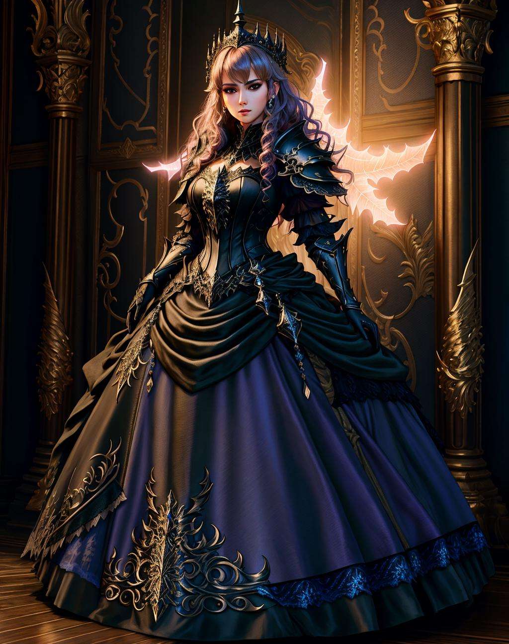 Masterpiece, absurdres,HDR, wallpaper quality ,highly detailed eyes and face, [ballgown|DRK_Glam], a woman in a dark armor gown posing for a picture , wearing  a black [ballgown|DRK_Glam], <lora:DarkGown:1>