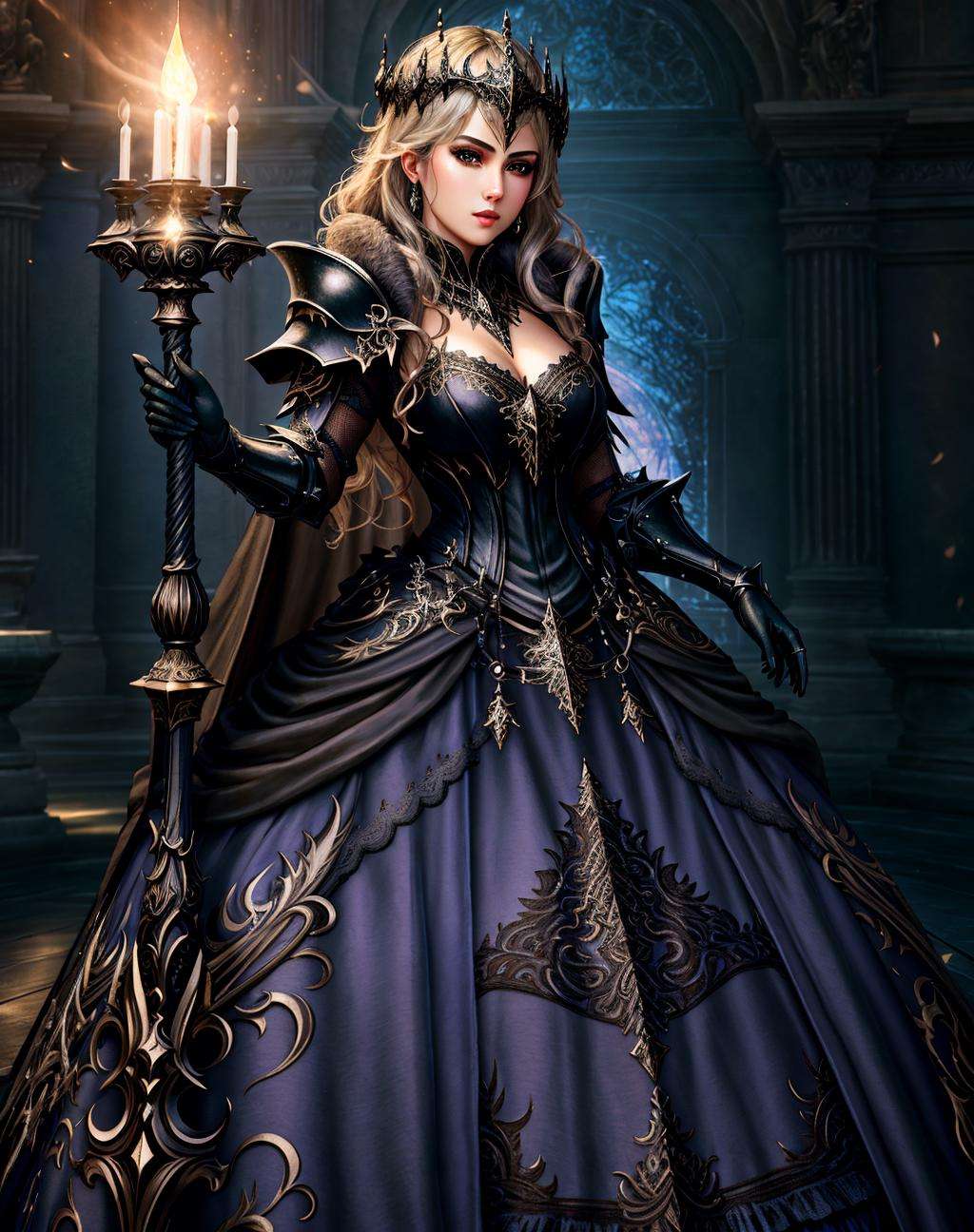 Masterpiece, absurdres,HDR, wallpaper quality ,highly detailed eyes and face, [ballgown|DRK_Glam], a woman in a dark armor gown posing for a picture , wearing  a black [ballgown|DRK_Glam], <lora:DarkGown:1>