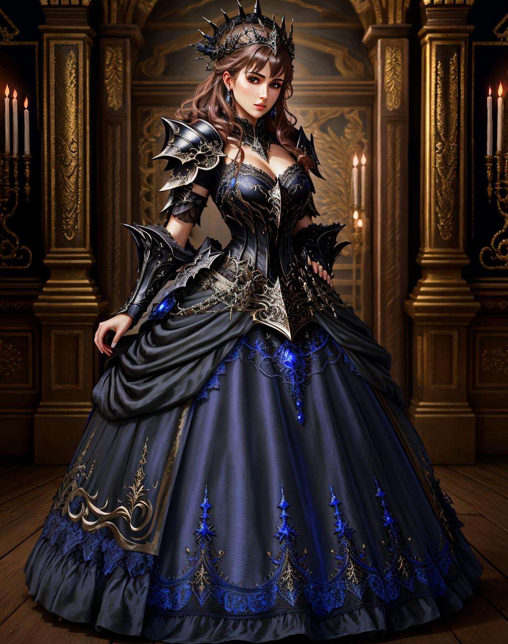 Masterpiece, absurdres,HDR, wallpaper quality ,highly detailed eyes and face, [ballgown|DRK_Glam], a woman in a dark armor gown posing for a picture , wearing  a black [ballgown|DRK_Glam], <lora:DarkGown:1>