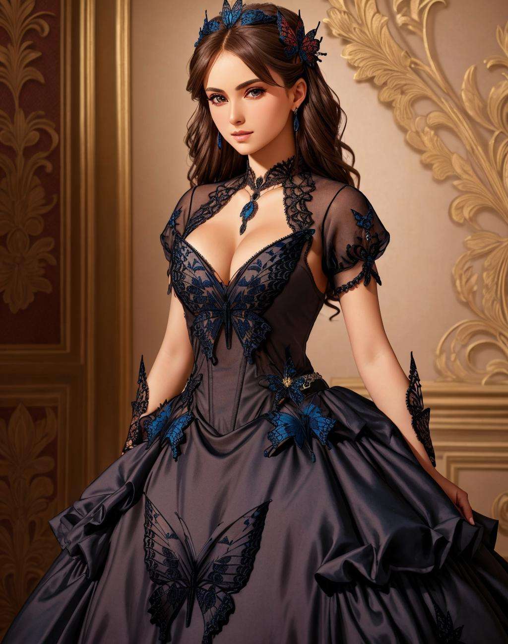 Masterpiece, absurdres,HDR, wallpaper quality ,highly detailed eyes and face, [ballgown|butterfly_top], a woman in a dark armor gown posing for a picture , wearing  a black [ballgown|butterfly_top], with butterfly design embroidery,  <lora:ButterflyGown:1>