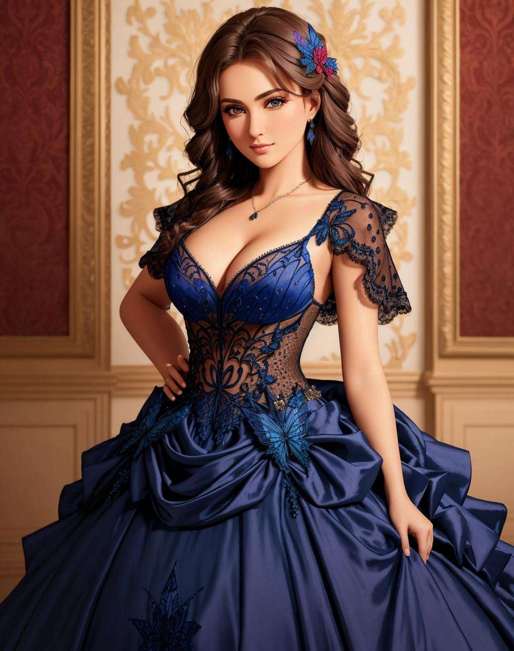 Masterpiece, absurdres,HDR, wallpaper quality ,highly detailed eyes and face, [ballgown|butterfly_top], a woman in a gown posing for a picture in a room , wearing  a black [ballgown|butterfly_top], (with butterfly design embroidery:0.8),  <lora:ButterflyGown:1>