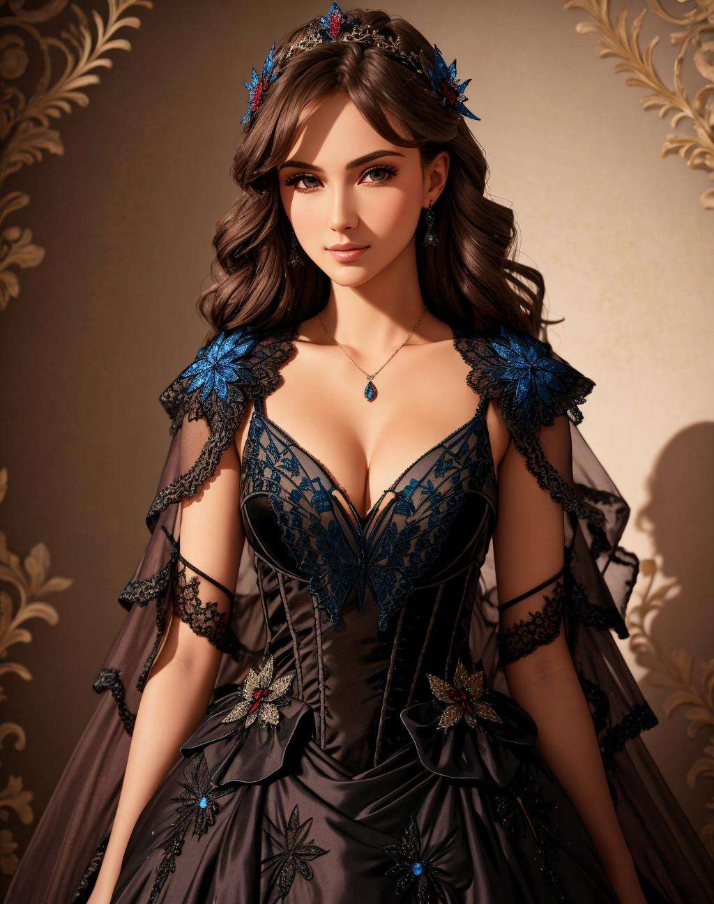 Masterpiece, absurdres,HDR, wallpaper quality ,highly detailed eyes and face, [ballgown|butterfly_top], a woman in a dark armor gown posing for a picture , wearing  a black [ballgown|butterfly_top], (with butterfly design embroidery:0.5),  <lora:ButterflyGown:1>