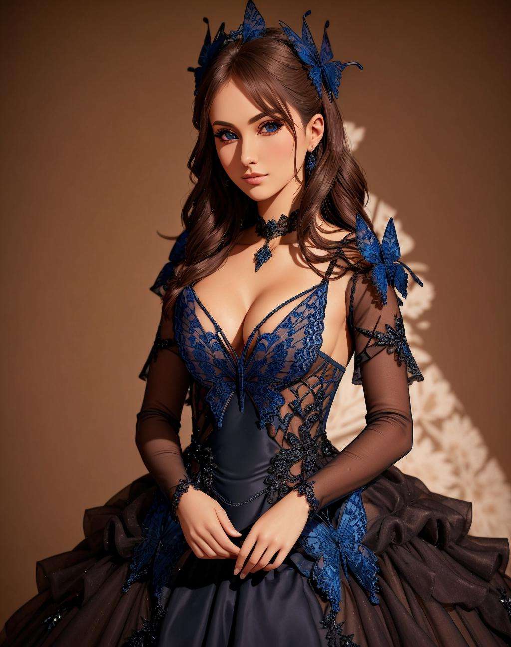 Masterpiece, absurdres,HDR, wallpaper quality ,highly detailed eyes and face, [ballgown|butterfly_top], a woman in a dark armor gown posing for a picture , wearing  a black [ballgown|butterfly_top], with butterfly design embroidery,  <lora:ButterflyGown:1>