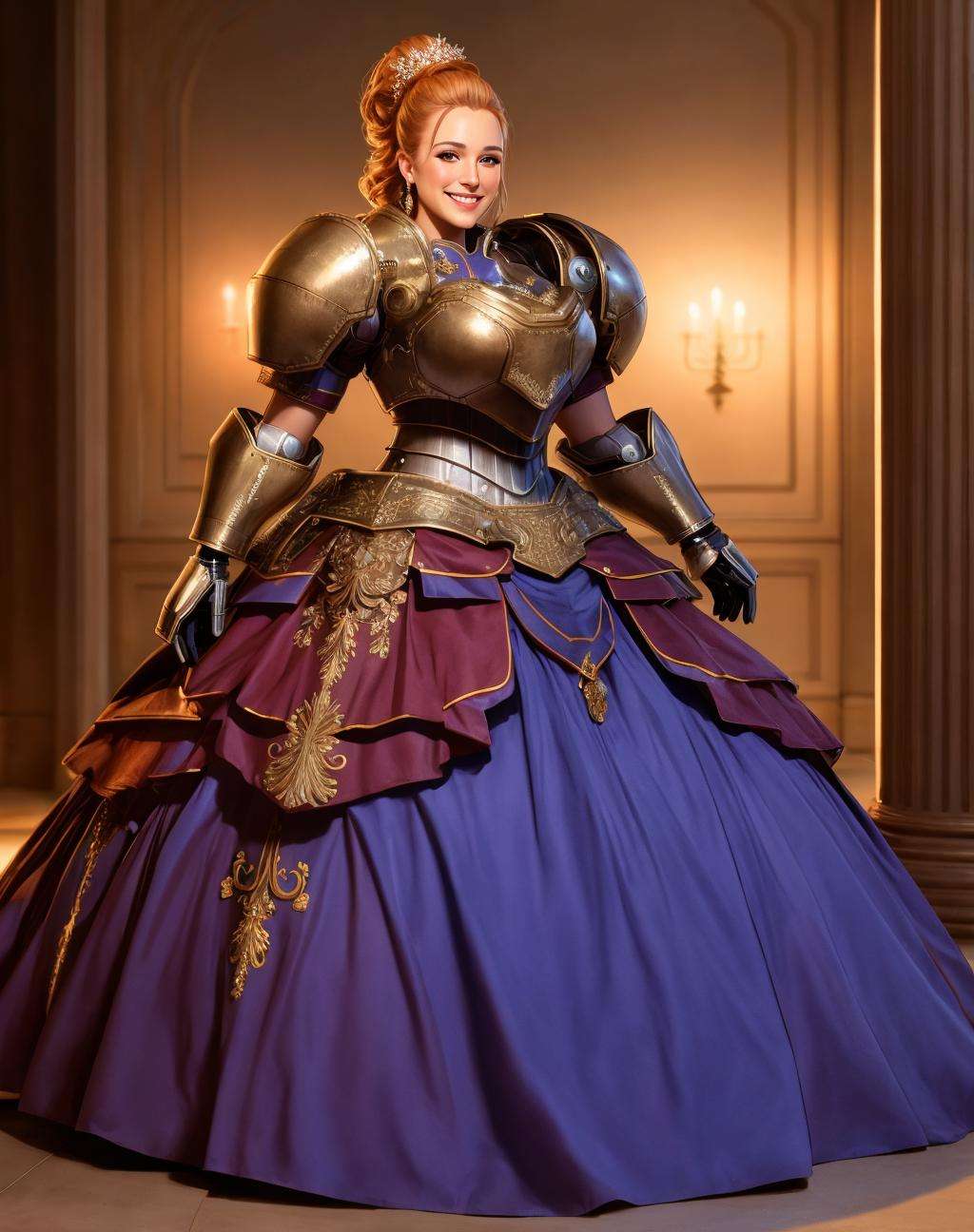 4K, Masterpiece, highres, absurdres,photorealistic, smiling, [ballgown|Parrley_armor], a woman in a [dress|suit of armor] posing for a picture , wearing a [ballgown|Parrley_armor],big bulky futuristic armor, <lora:ParrleyGown:0.7>