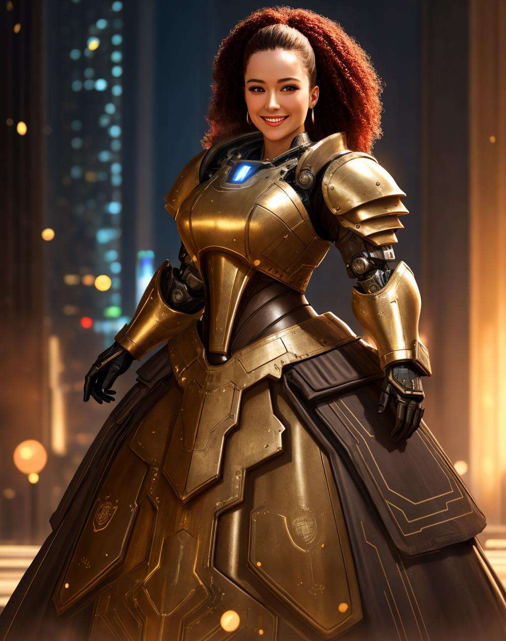 4K, Masterpiece, highres, absurdres,photorealistic, smiling, [ballgown|Parrley_armor], a woman in a [dress|suit of armor] posing for a picture , wearing a [ballgown|Parrley_armor],big bulky futuristic armor, <lora:ParrleyGown:0.7>