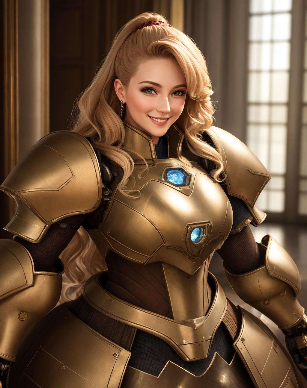 4K, Masterpiece, highres, absurdres,photorealistic, smiling, [ballgown|Parrley_armor], a woman in a [dress|suit of armor] posing for a picture , wearing a [ballgown|Parrley_armor],big bulky futuristic armor, <lora:ParrleyGown:0.7>