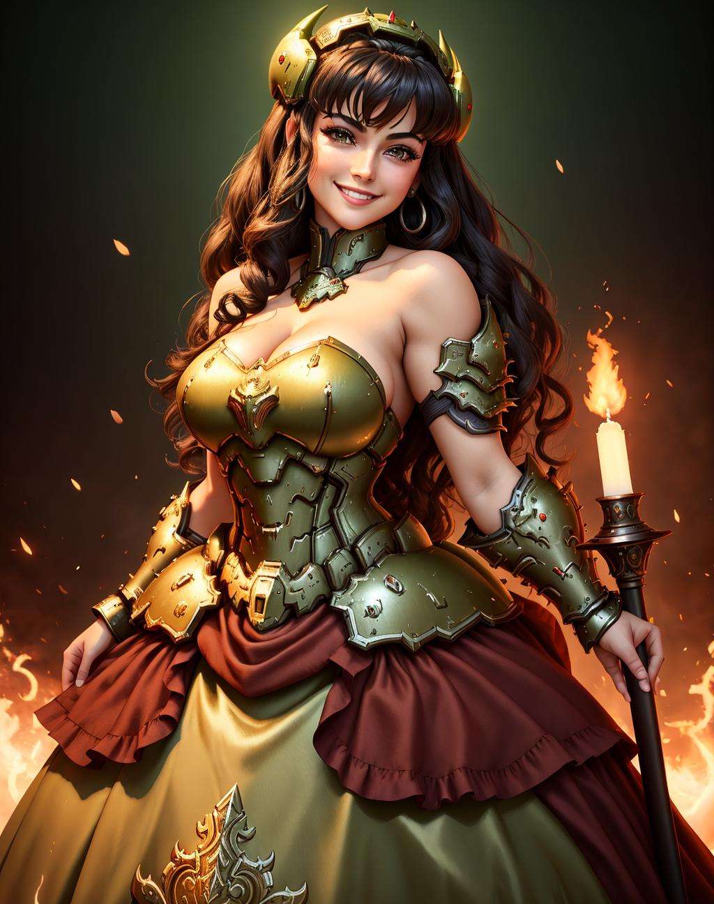 4K, Masterpiece, highres, absurdres, smiling,beautiful ballgown,dslayer, a dark haired woman in a dress, and armor, posing for a picture , wearing a ballgown,the only thing they fear is you, rip and tear until it is done, he is doom, the slayer's time is now, <lora:SlayerGown:1>