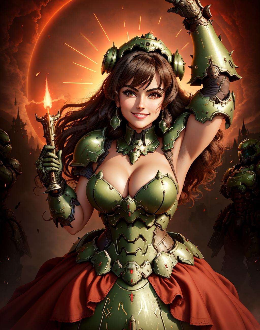 4K, Masterpiece, highres, absurdres, smiling,beautiful ballgown,dslayer, a dark haired woman in a dress, and armor, posing for a picture , wearing a ballgown,the only thing they fear is you, rip and tear until it is done, he is doom, the slayer's time is now, <lora:SlayerGown:1>