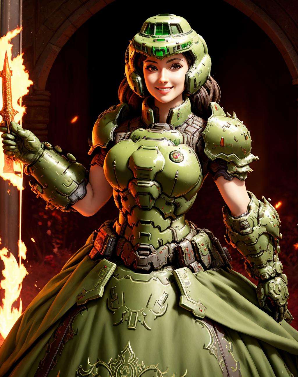 4K, Masterpiece, highres, absurdres, smiling,beautiful ballgown,dslayer, a woman in a green dress, and armor, posing for a picture , wearing a ballgown,the only thing they fear is you, rip and tear until it is done, he is doom, the slayer's time is now, <lora:SlayerGown:1>