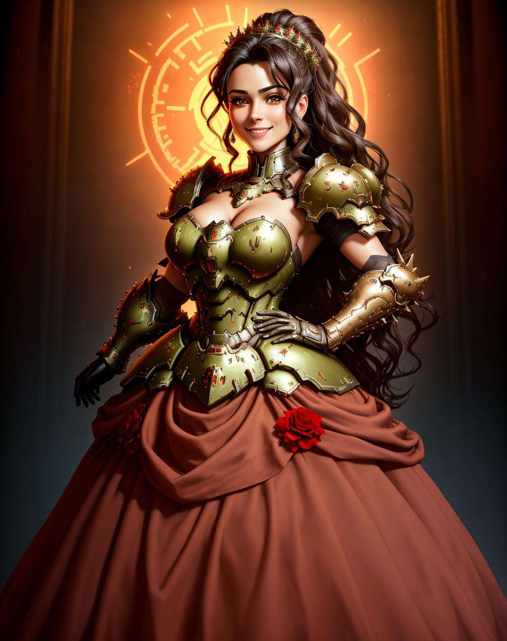 4K, Masterpiece, highres, absurdres, smiling,beautiful ballgown,dslayer, a dark haired woman in a dress, and armor, posing for a picture , wearing a ballgown,the only thing they fear is you, rip and tear until it is done, he is doom, the slayer's time is now, <lora:SlayerGown:1>