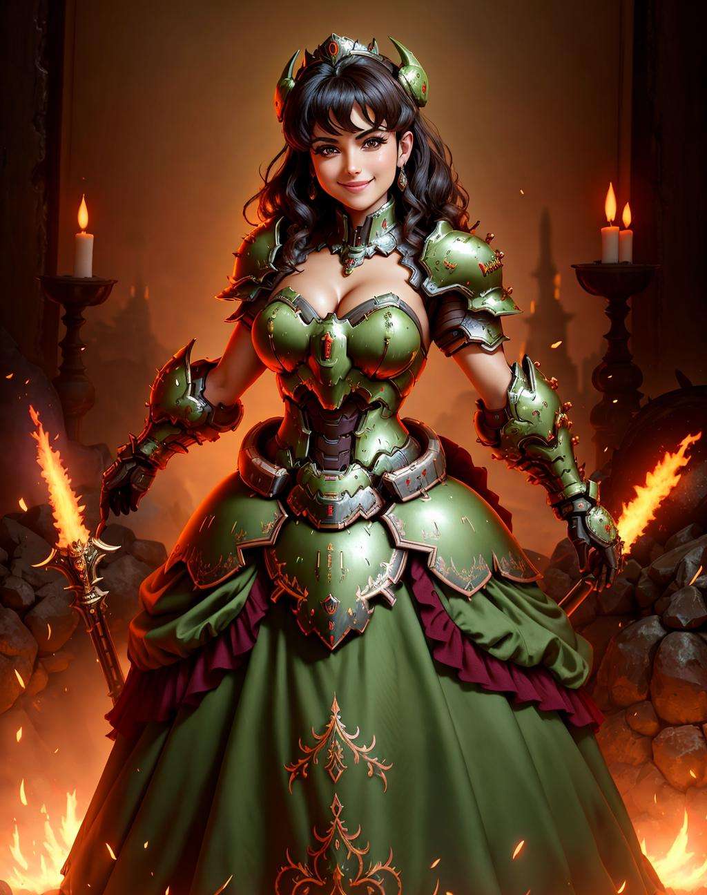 4K, Masterpiece, highres, absurdres, smiling,beautiful ballgown,dslayer, a dark haired woman in a dress, and armor, posing for a picture , wearing a ballgown,the only thing they fear is you, rip and tear until it is done, he is doom, the slayer's time is now, <lora:SlayerGown:1>