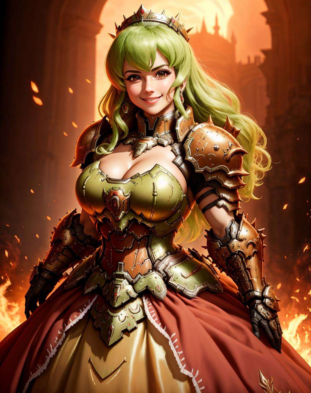 4K, Masterpiece, highres, absurdres, smiling,beautiful ballgown,dslayer, a woman in a dress, and armor, posing for a picture , wearing a ballgown,the only thing they fear is you, rip and tear until it is done, he is doom, the slayer's time is now, <lora:SlayerGown:1>