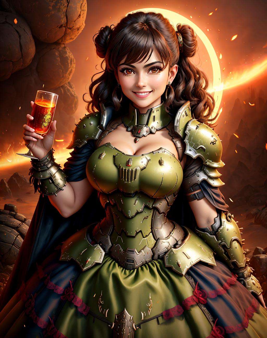 4K, Masterpiece, highres, absurdres, smiling,beautiful ballgown,dslayer, a dark haired woman in a dress, and armor, posing for a picture , wearing a ballgown,the only thing they fear is you, rip and tear until it is done, he is doom, the slayer's time is now, <lora:SlayerGown:1>