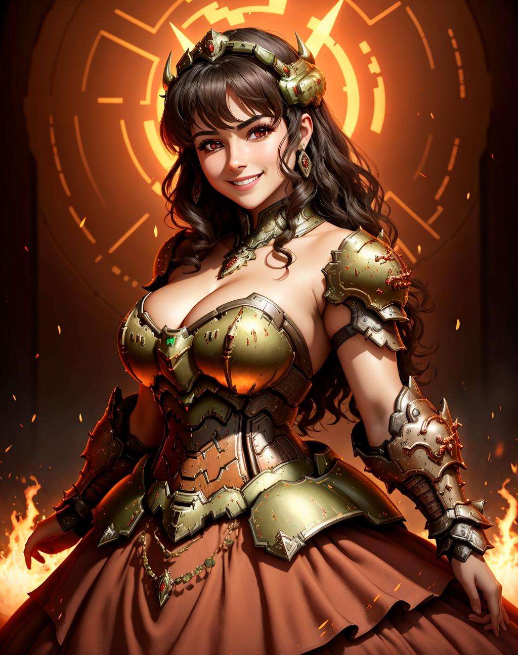 4K, Masterpiece, highres, absurdres, smiling,beautiful ballgown,dslayer, a dark haired woman in a dress, and armor, posing for a picture , wearing a ballgown,the only thing they fear is you, rip and tear until it is done, he is doom, the slayer's time is now, <lora:SlayerGown:1>