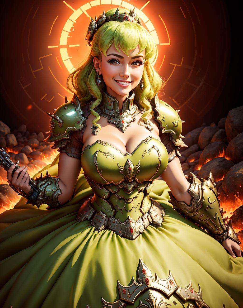 4K, Masterpiece, highres, absurdres, smiling,beautiful ballgown,dslayer, a woman in a dress, and armor, posing for a picture , wearing a ballgown,the only thing they fear is you, rip and tear until it is done, he is doom, the slayer's time is now, <lora:SlayerGown:1>