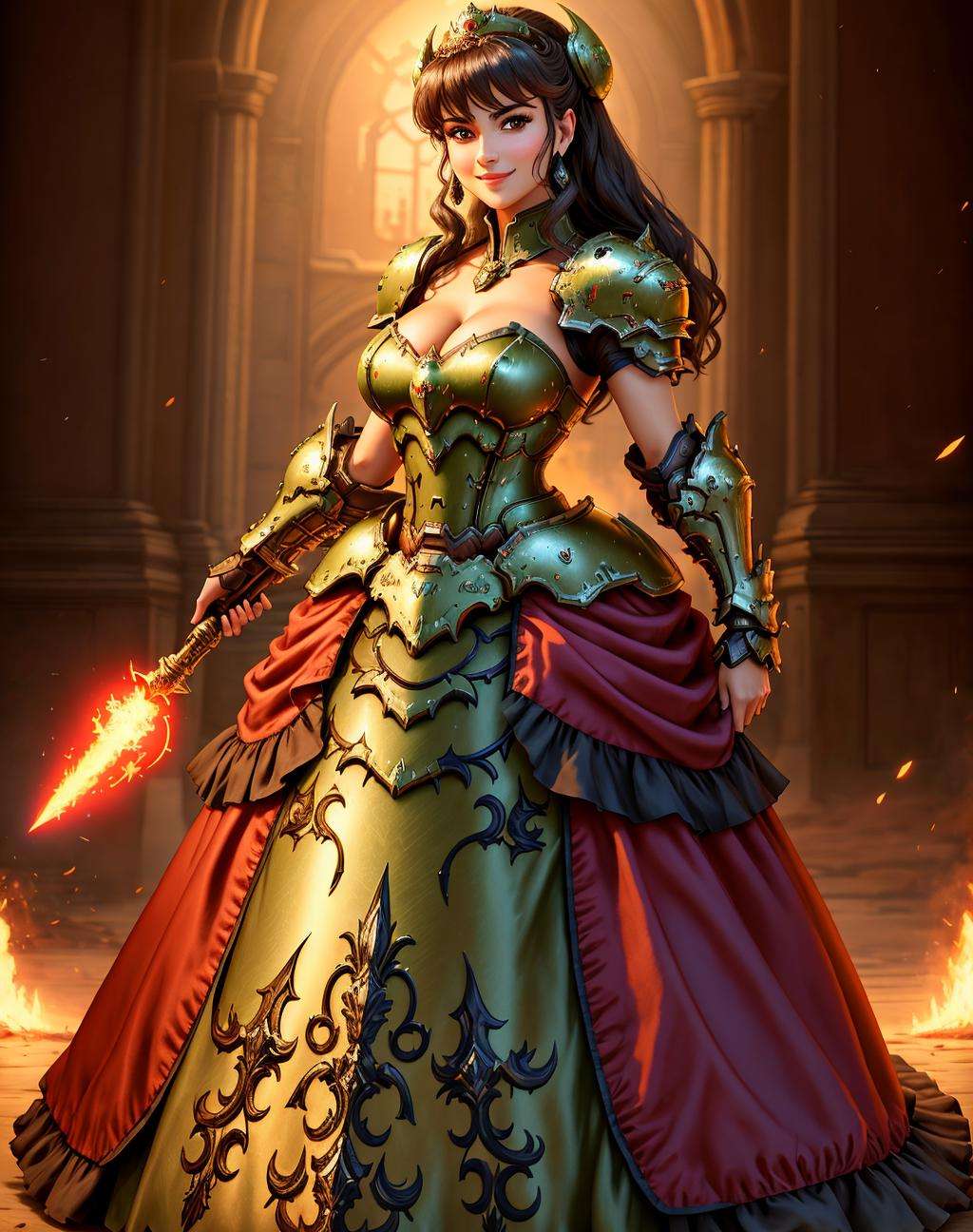 4K, Masterpiece, highres, absurdres, smiling,beautiful ballgown,dslayer, a dark haired woman in a dress, and armor, posing for a picture , wearing a ballgown,the only thing they fear is you, rip and tear until it is done, he is doom, the slayer's time is now, <lora:SlayerGown:1>