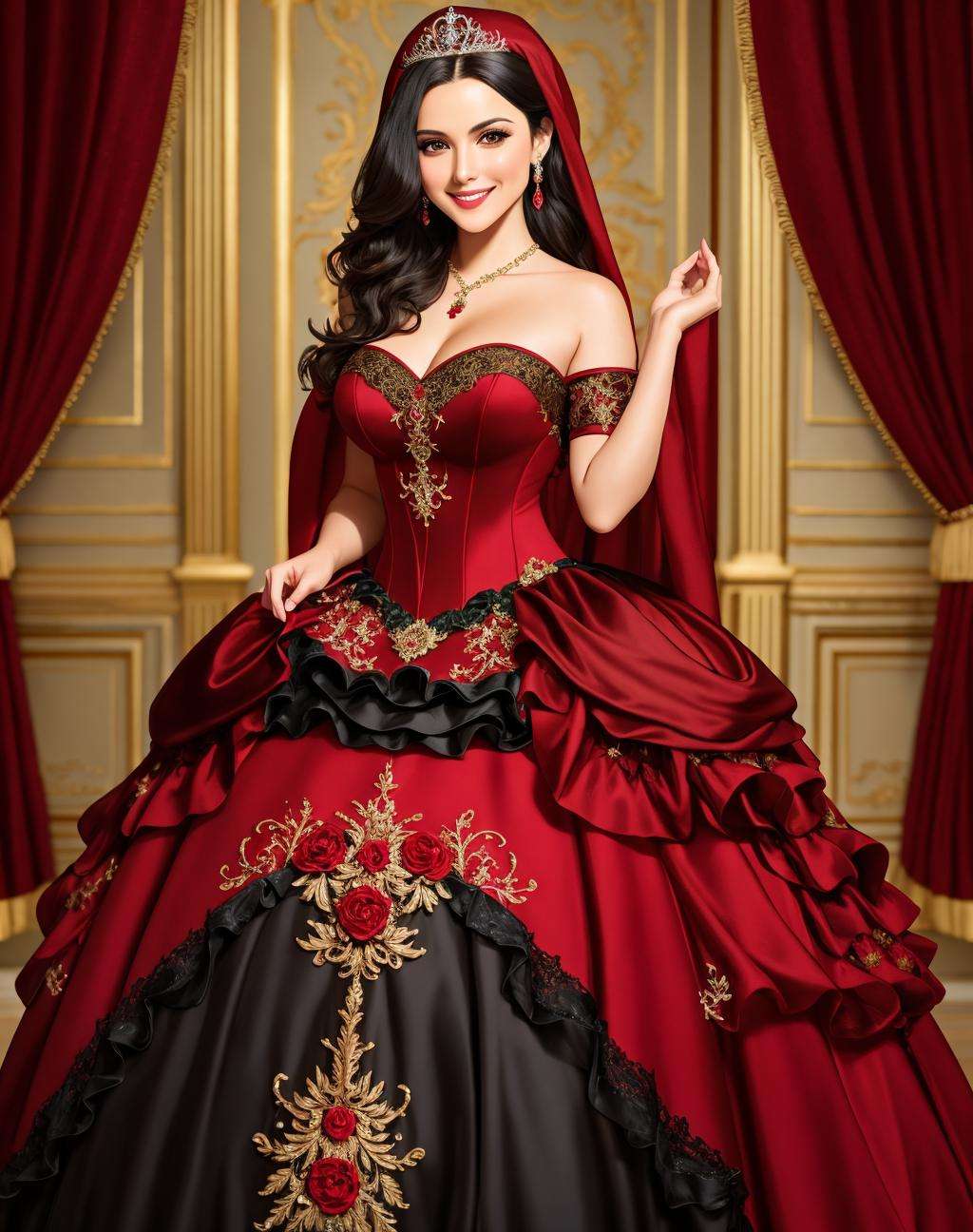 4K, Masterpiece, highres, absurdres, smiling,beautiful ballgown,(RHG:1.2), a dark haired woman, dressed in a red and black costume ,wearing RHG, wearing a ballgown   <lora:LittleGown:0.7>