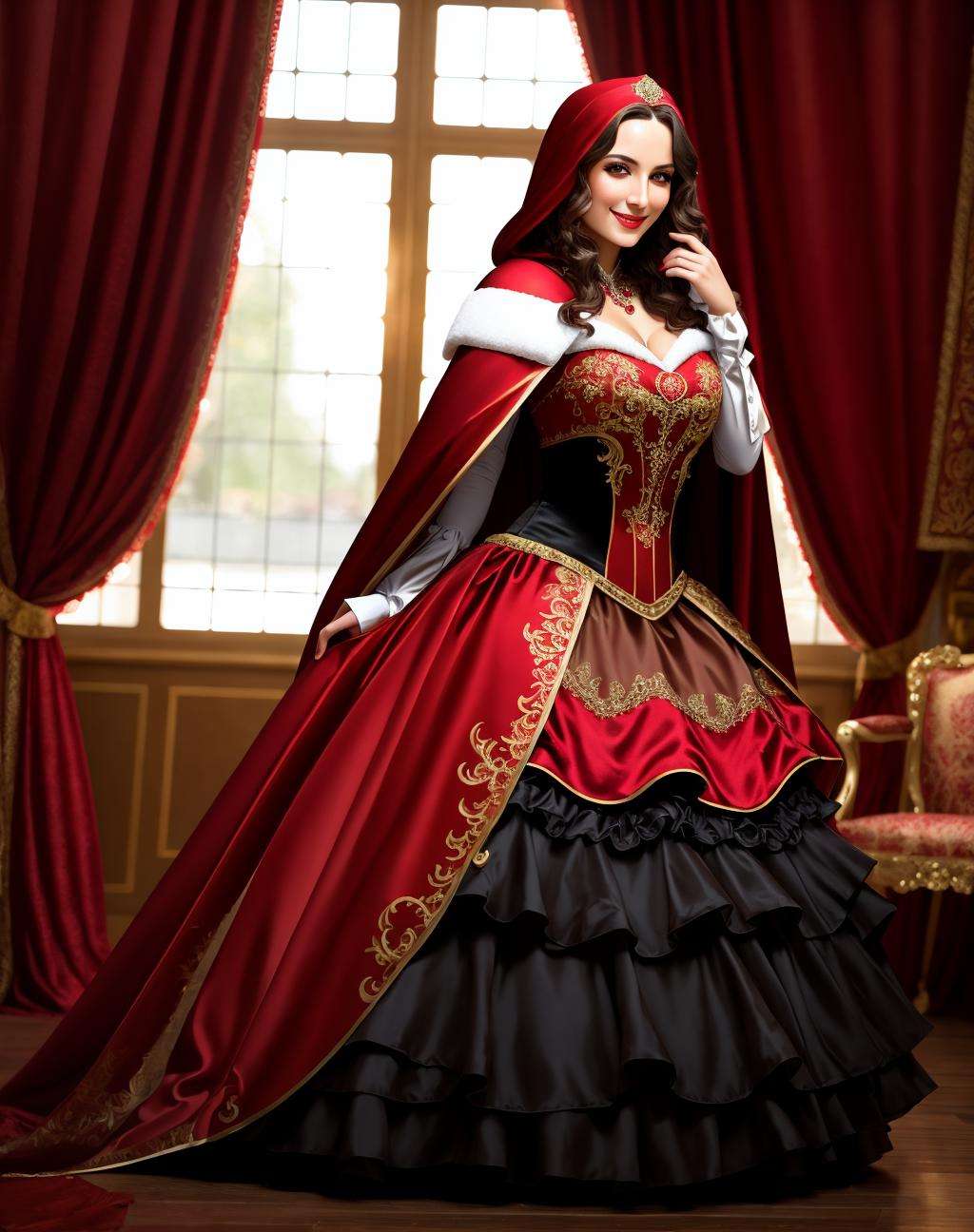 4K, Masterpiece, highres, absurdres, smiling,beautiful ballgown,  RHG, a woman in a red cape and black stockings ,wearing RHG , wearing a ballgown   <lora:LittleGown:0.7>