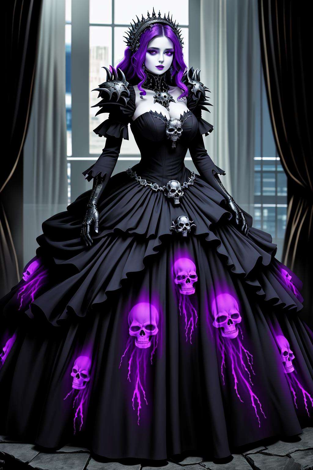 4K, Masterpiece, highres, absurdres, ballgown,edgDeathKnight,a woman in [gown|armor] ,wearing edgDeathKnight armor,  skull print,<lora:DeathKnightBallGown:0.75>