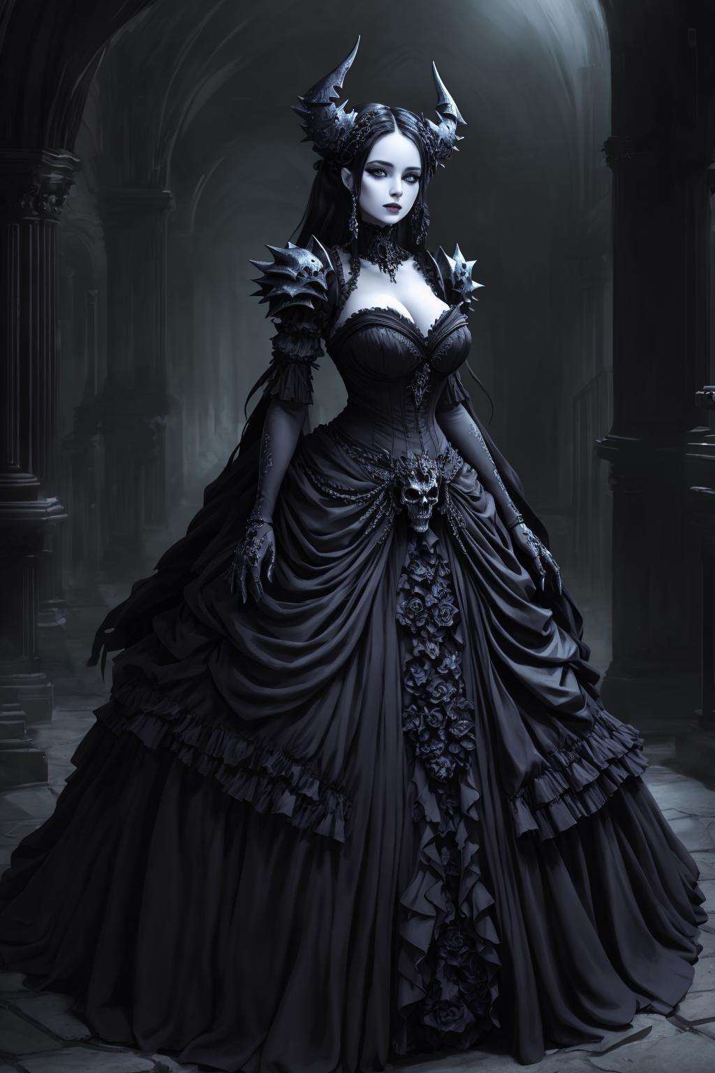 4K, Masterpiece, highres, absurdres, ballgown,edgDeathKnight,a woman in [gown|armor] ,wearing edgDeathKnight armor,  skulls,<lora:DeathKnightBallGown:0.75>