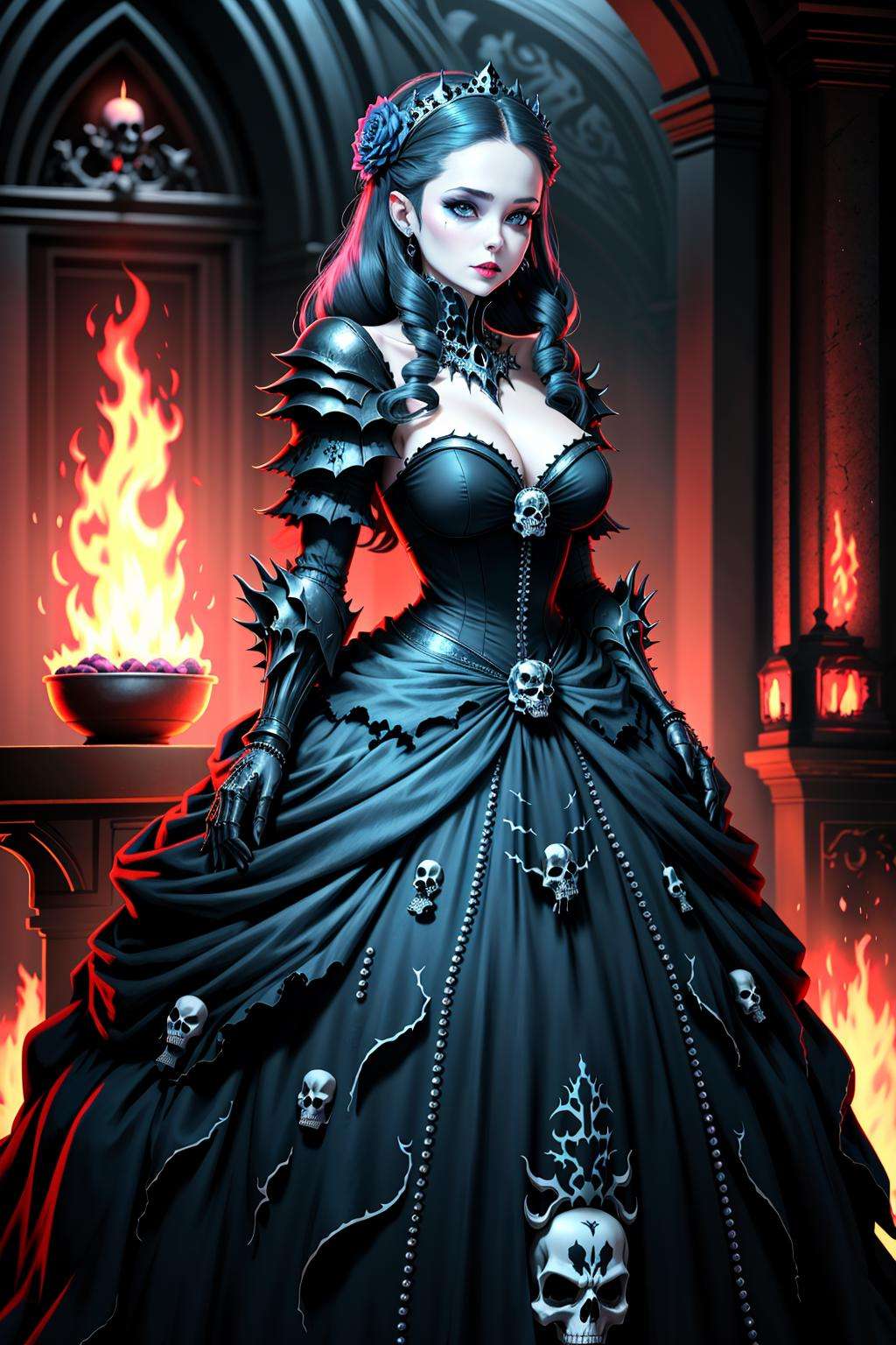 4K, Masterpiece, highres, absurdres, ballgown,edgDeathKnight,a woman in [gown|armor] ,wearing edgDeathKnight armor,  skull print,<lora:DeathKnightBallGown:0.75>