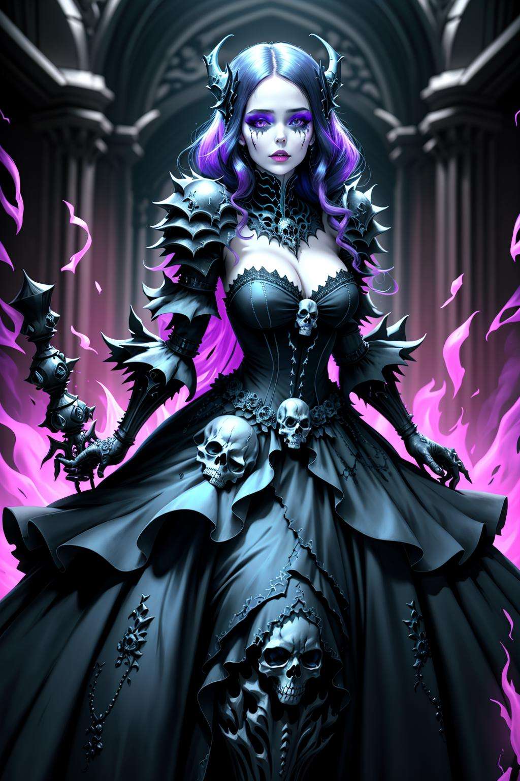 4K, Masterpiece, highres, absurdres, ballgown,edgDeathKnight,a woman in [gown|armor] ,wearing edgDeathKnight armor,  skull print,<lora:DeathKnightBallGown:0.75>