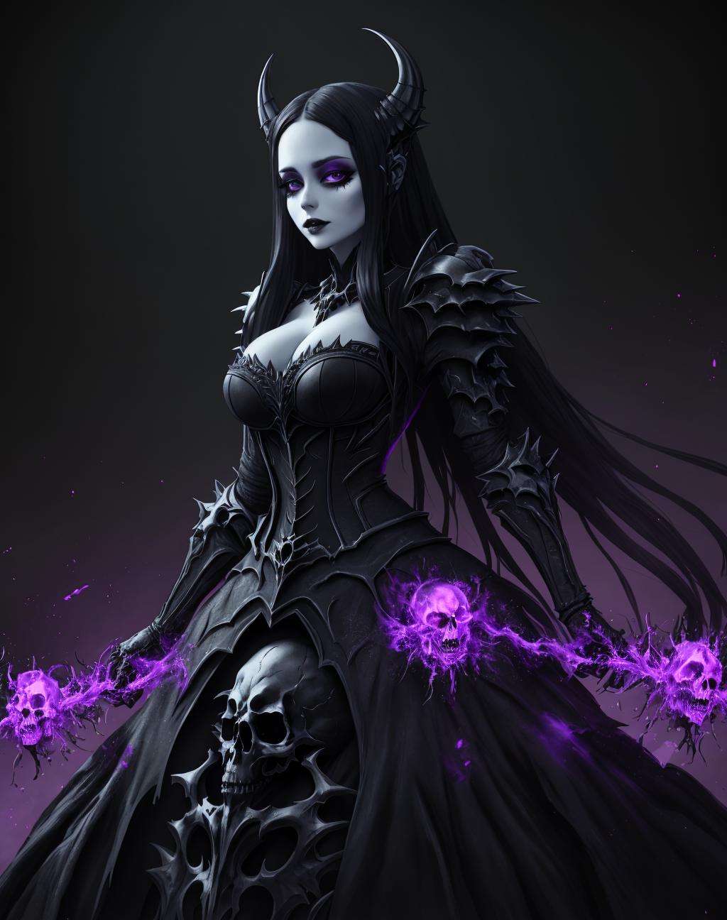 4K, Masterpiece, highres, absurdres, ballgown,edgDeathKnight,a woman in [gown|armor] ,wearing edgDeathKnight armor,  skulls,<lora:DeathKnightBallGown:0.75>