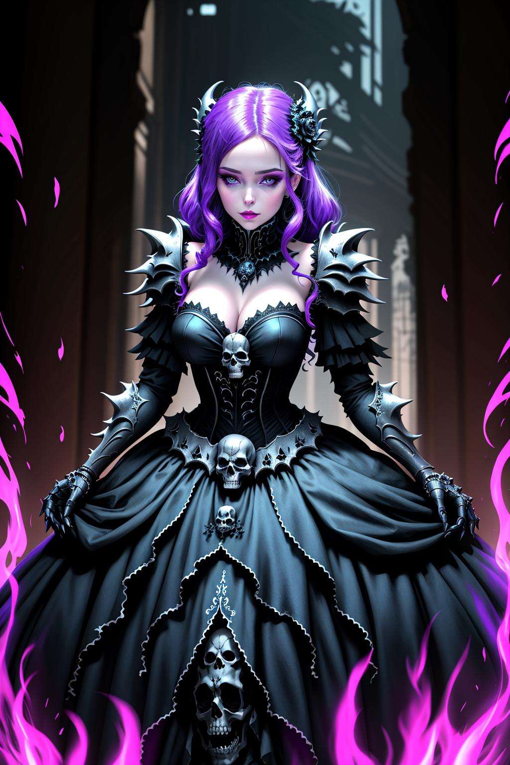 4K, Masterpiece, highres, absurdres, ballgown,edgDeathKnight,a woman in [gown|armor] ,wearing edgDeathKnight armor,  skull print,<lora:DeathKnightBallGown:0.75>