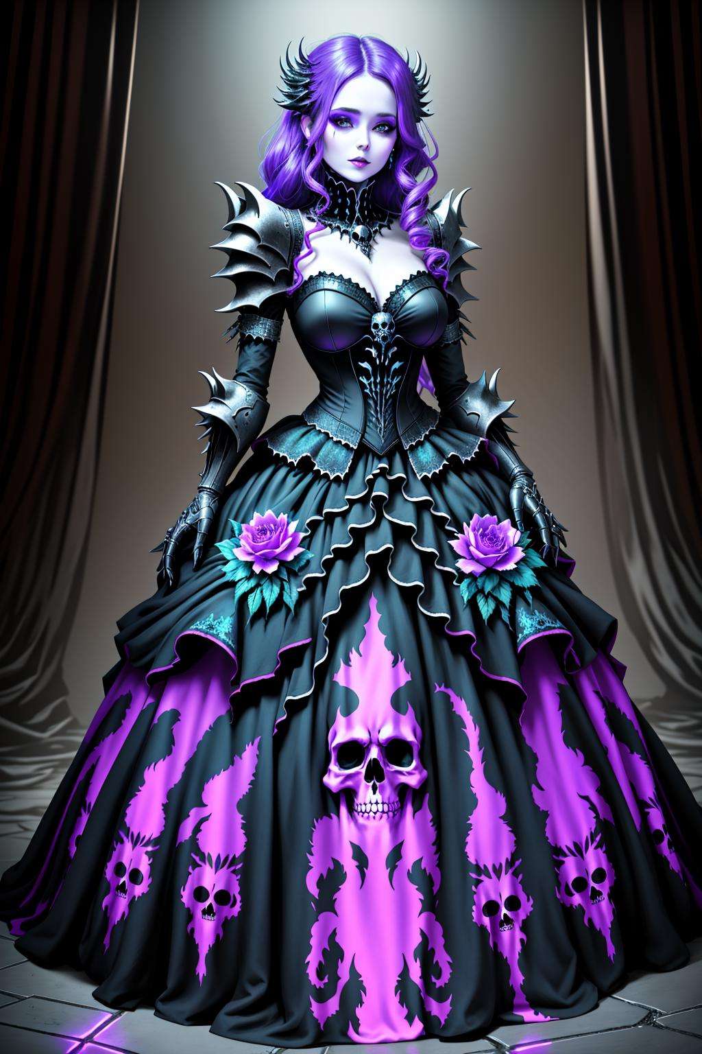 4K, Masterpiece, highres, absurdres, ballgown,edgDeathKnight,a woman in [gown|armor] ,wearing edgDeathKnight armor,  skull print,<lora:DeathKnightBallGown:0.75>