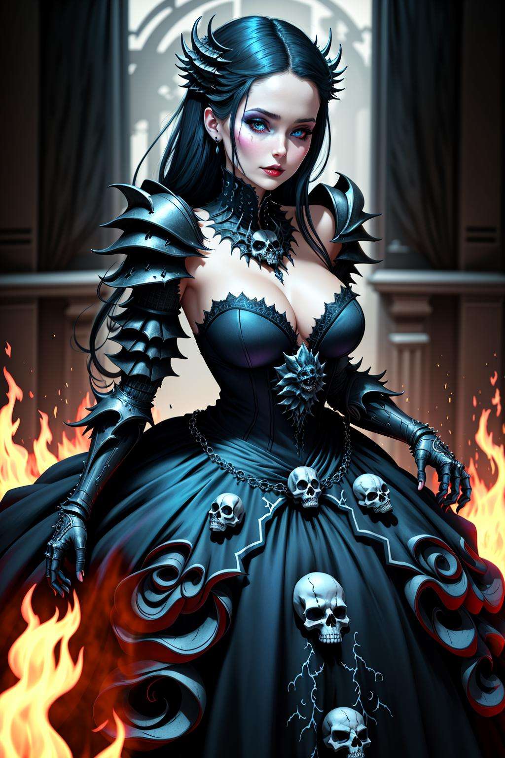 4K, Masterpiece, highres, absurdres, ballgown,edgDeathKnight,a woman in [gown|armor] ,wearing edgDeathKnight armor,  skull print,<lora:DeathKnightBallGown:0.75>