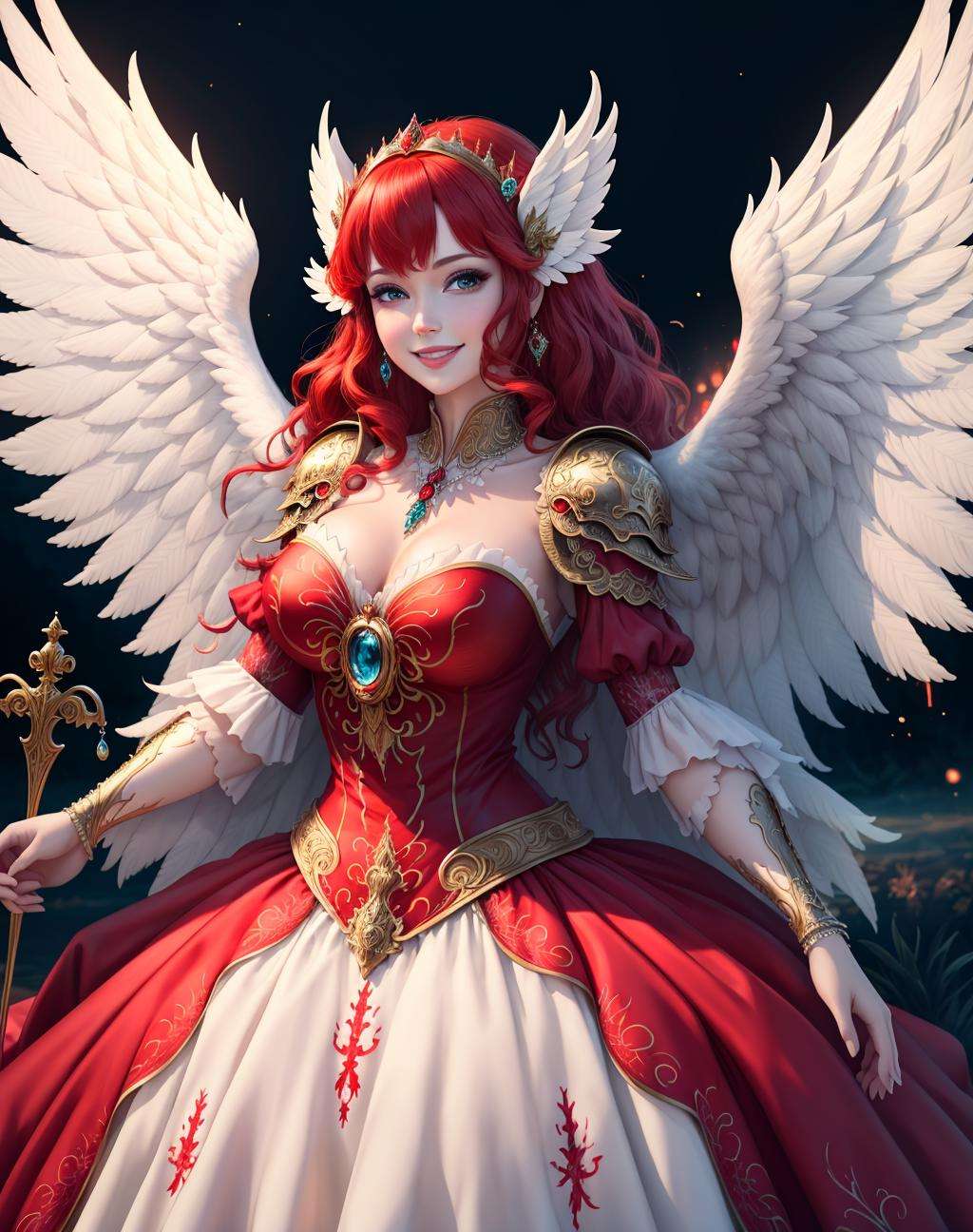 4K, Masterpiece, highres, absurdres, smiling,beautiful walkure,(ballgown:1.3), red haired woman in shiny armor with wings and a sword,jewelery, beautiful embroidery ,wearing [armor|dress]_ballgown,wings,armor,helmet,  <lora:ValkGown:0.7>