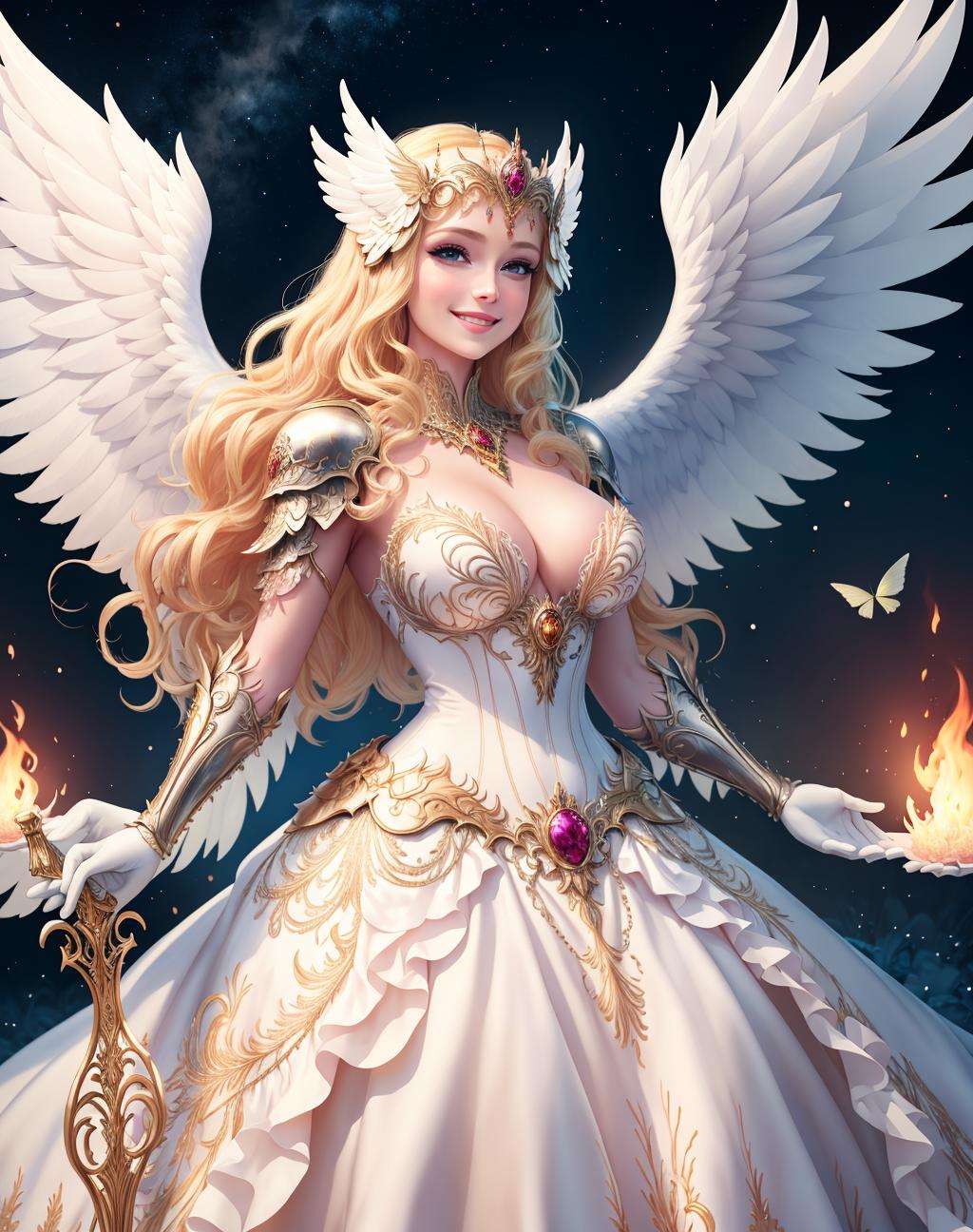 4K, Masterpiece, highres, absurdres, smiling,beautiful walkure,(ballgown:1.3), blonde woman in shiny armor with wings and a sword,jewelery, beautiful embroidery ,wearing [armor|dress]_ballgown,wings,armor,helmet,  <lora:ValkGown:0.7>