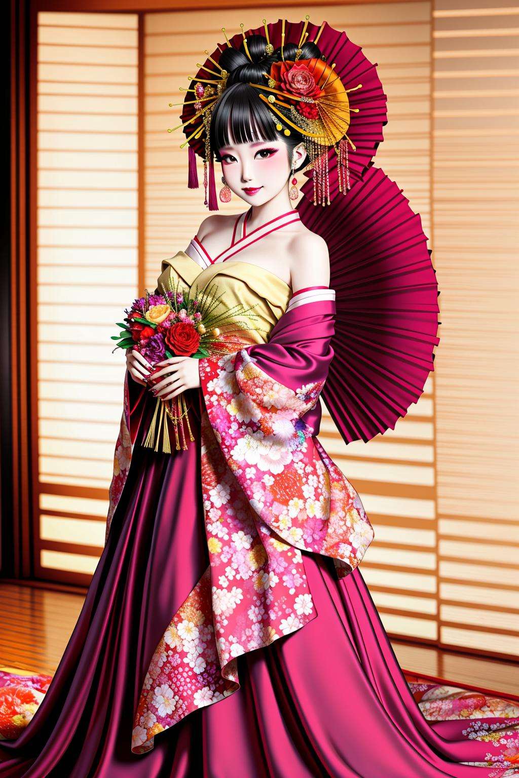 [:edgOiran_makeup,edgOiran_hairstyle,perfect edgOiran_face::0.5],4K, Masterpiece, highres, absurdres,natural volumetric lighting and best shadows, smiling,deep depth of field,soft delicate beautiful attractive face, beautiful edgOiran_woman , a woman in a [kimono|dress],(wearing a ballgown:1.25),ballgown,(full body picture:1.3),<lora:OiranGown:0.9>