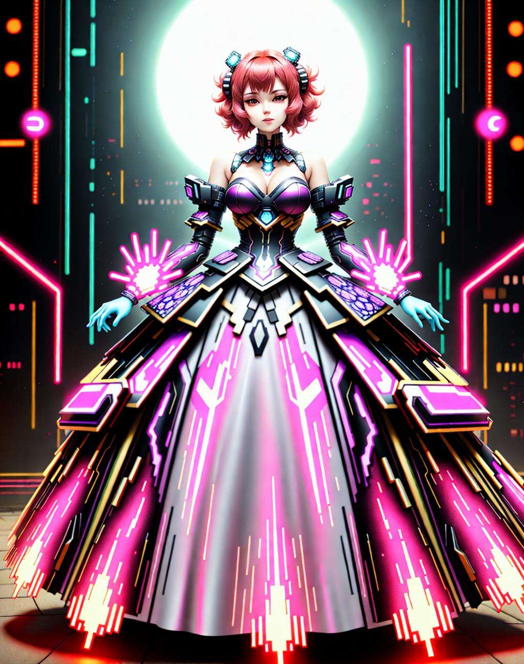 4K, Masterpiece, highres, absurdres,natural volumetric lighting and best shadows,ballgown,a woman in a (mecha outfit,wearing edgMechaGirl cyber_armor:0.8) , (wearing a ballgown:1.2),cyberpunk setting,metallic embroidery,cowboy shot <lora:NeonGown:0.88>