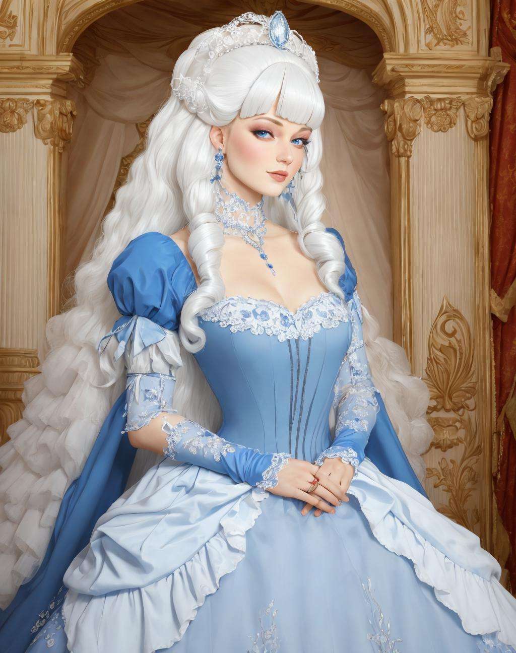 4K, Masterpiece, highres, absurdres,ballgown,edgMarquise, a woman with a white wig and a blue gown,with a edgMarquise_hairstyle,ballgown <lora:MarquiseGown:1>