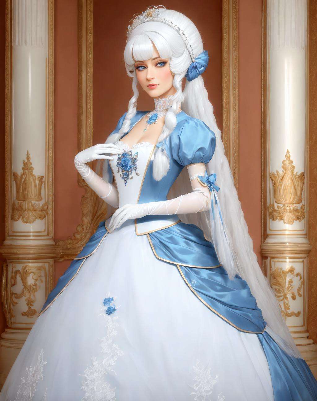 4K, Masterpiece, highres, absurdres,[ballgown|edgMarquise], a woman with a white wig and a blue gown,with a edgMarquise_hairstyle,ballgown <lora:MarquiseGown:1>