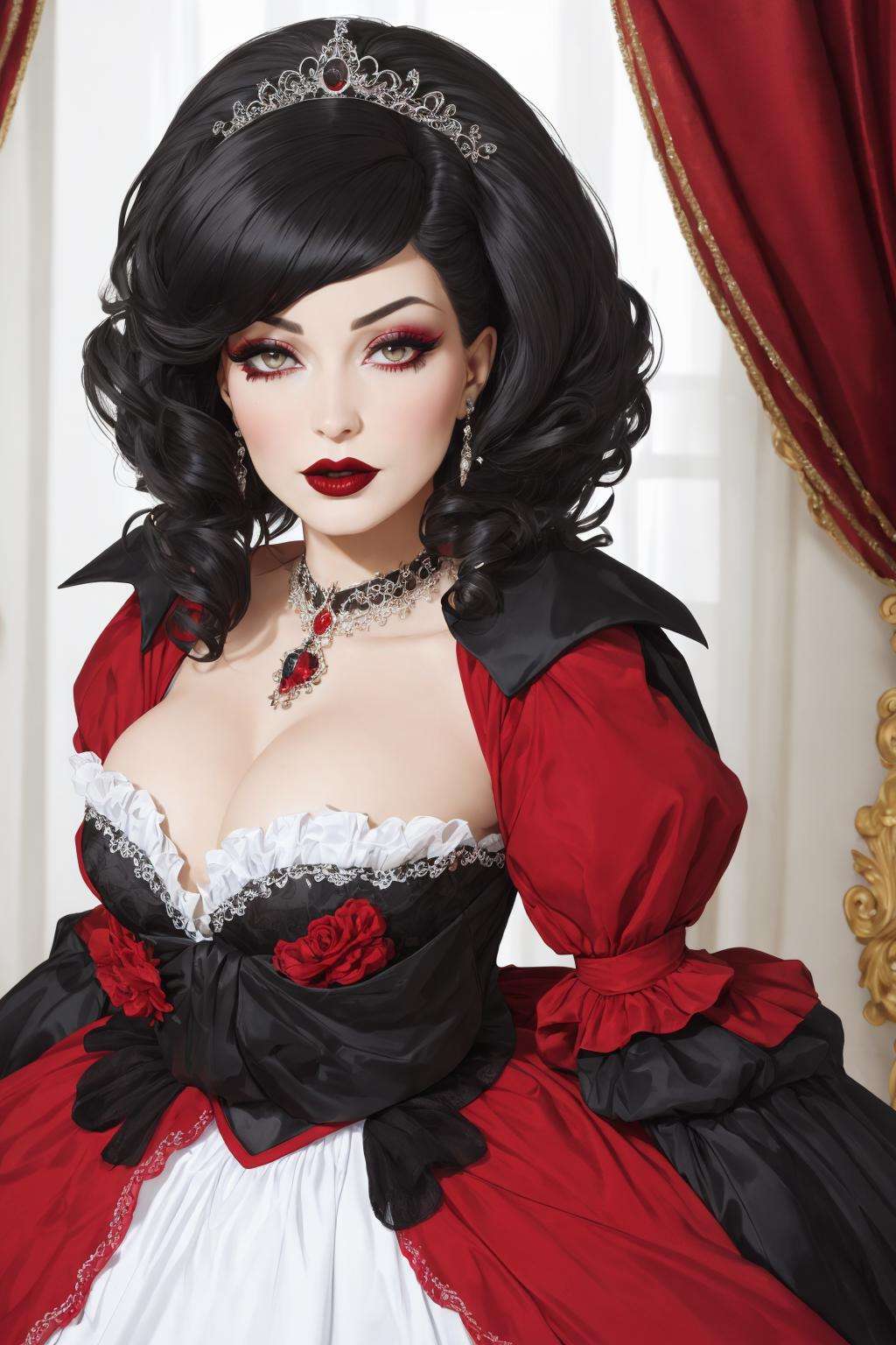 4K, Masterpiece, highres, absurdres,[ballgown|edgMarquise], edgMarquise, a woman with a black wig and a red lipstick ,with a edgMarquise_hairstyle, wearing a ballgown <lora:MarquiseGown:0.7>