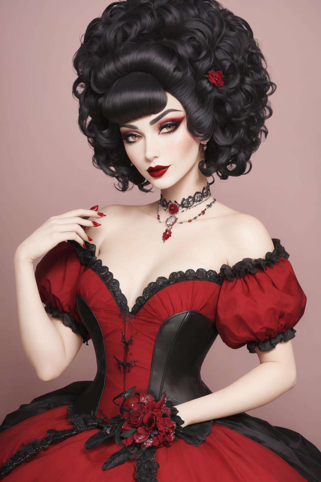 4K, Masterpiece, highres, absurdres,[ballgown|edgMarquise], edgMarquise, a woman with a black wig and a red lipstick ,with a edgMarquise_hairstyle, wearing a ballgown <lora:MarquiseGown:0.7>