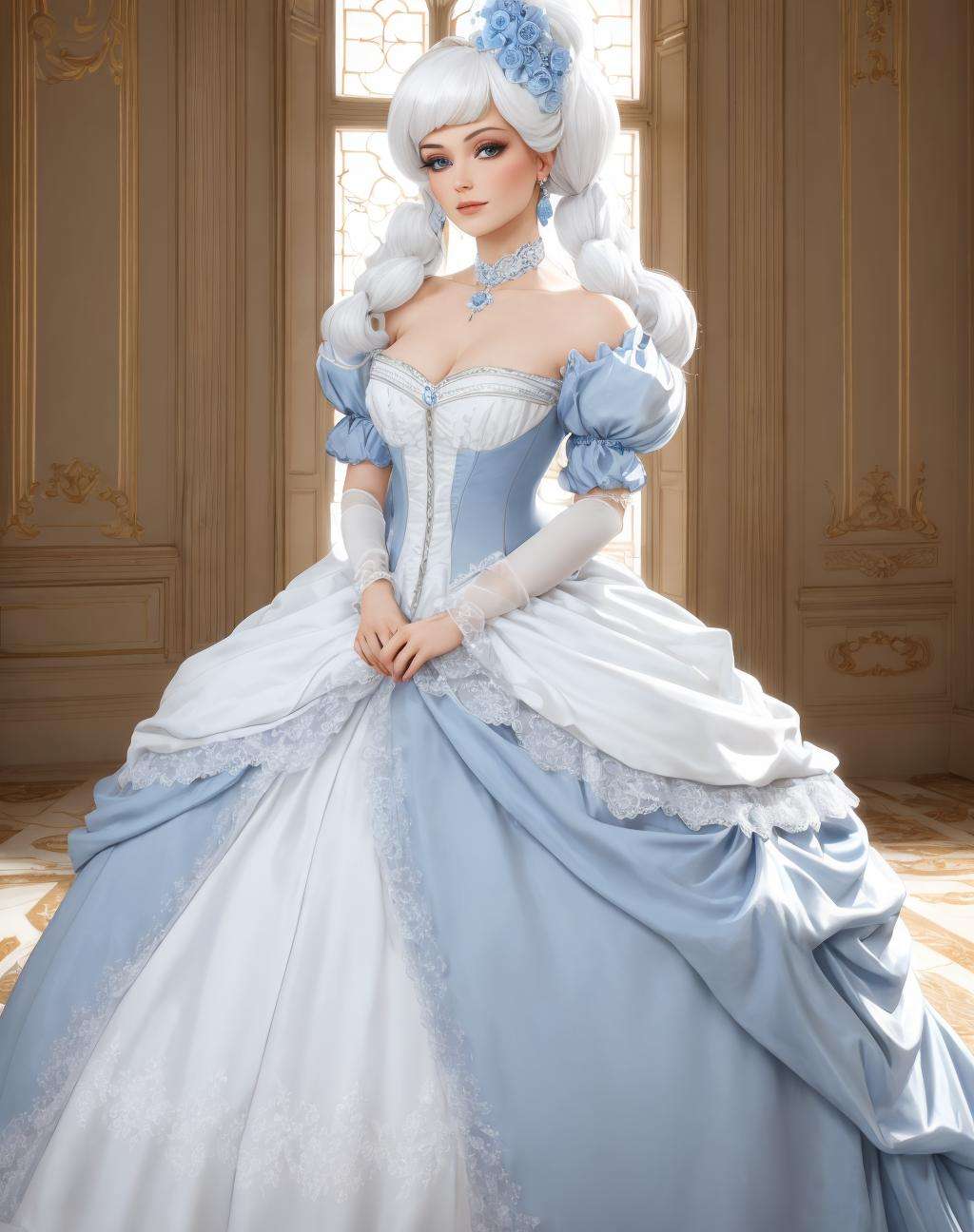 4K, Masterpiece, highres, absurdres,[ballgown|edgMarquise], a woman with a white wig and a blue gown,with a edgMarquise_hairstyle,wearing a ballgown <lora:MarquiseGown:0.7>