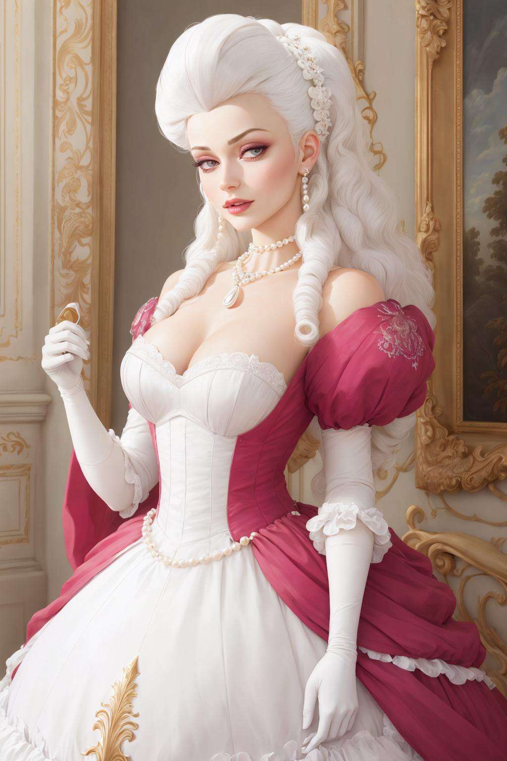 4K, Masterpiece, highres, absurdres,[ballgown|edgMarquise], edgMarquise, a woman with a white wig and a pearl necklace ,with a edgMarquise_hairstyle, wearing a ballgown <lora:MarquiseGown:0.7>