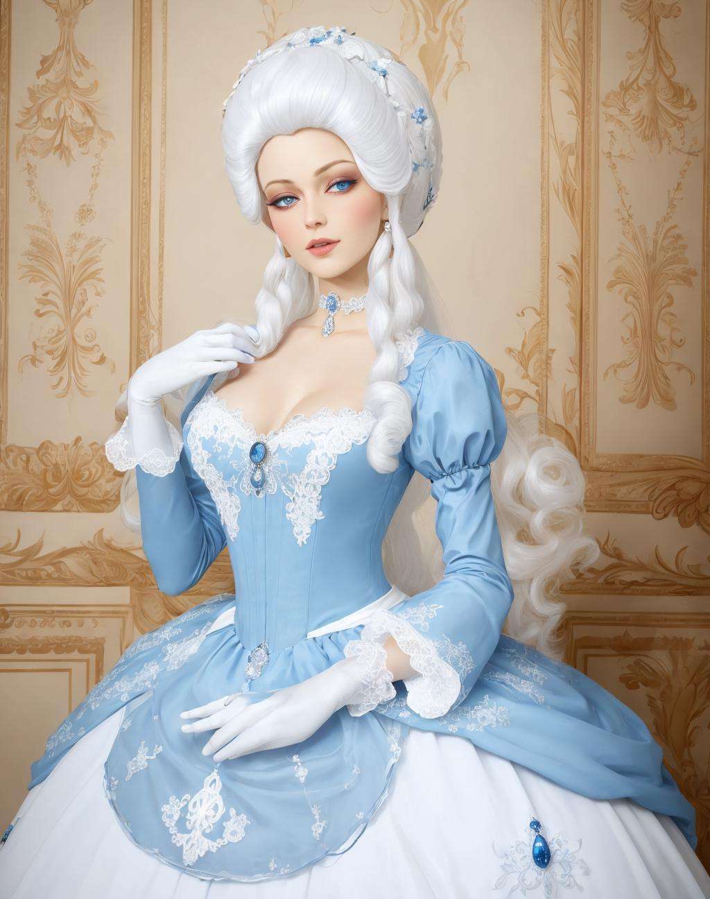 4K, Masterpiece, highres, absurdres,[ballgown|edgMarquise], a woman with a white wig and a blue gown,with a edgMarquise_hairstyle,ballgown <lora:MarquiseGown:1>