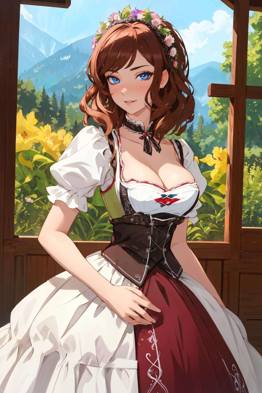 Masterpiece, absurdres,HDR,8k,best quality, ((beautifully detailed eyes and face)),([ballgown|dirndl]::0.88)((ballgown)), a woman in traditional bavarian dress, wearing a dirndl <lora:edgBavarianGown:1>