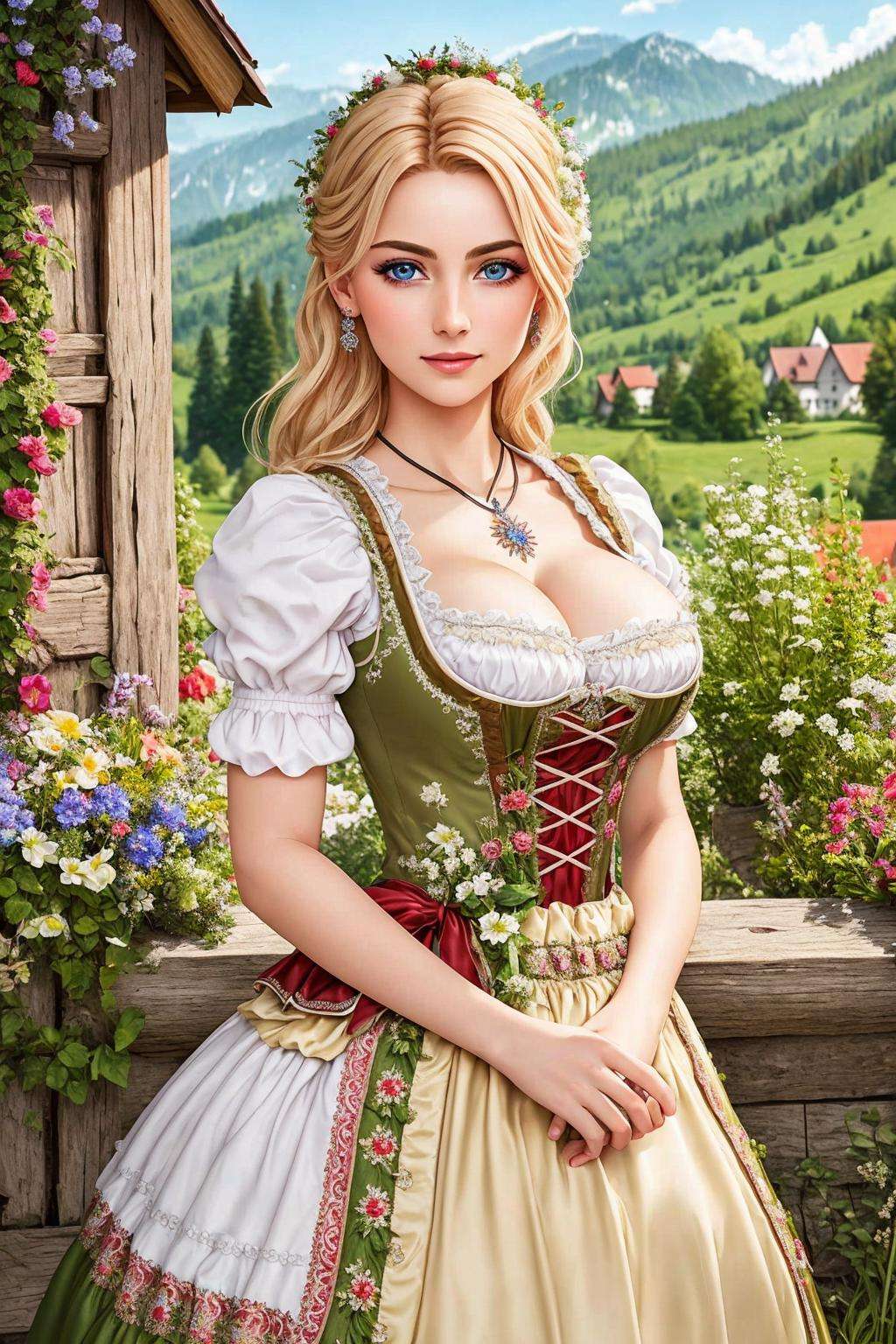 Masterpiece, absurdres,HDR,8k,best quality, ((beautifully detailed eyes and face)),([ballgown|dirndl]::0.88)((ballgown)), a woman in traditional bavarian dress, wearing a dirndl <lora:edgBavarianGown:1>