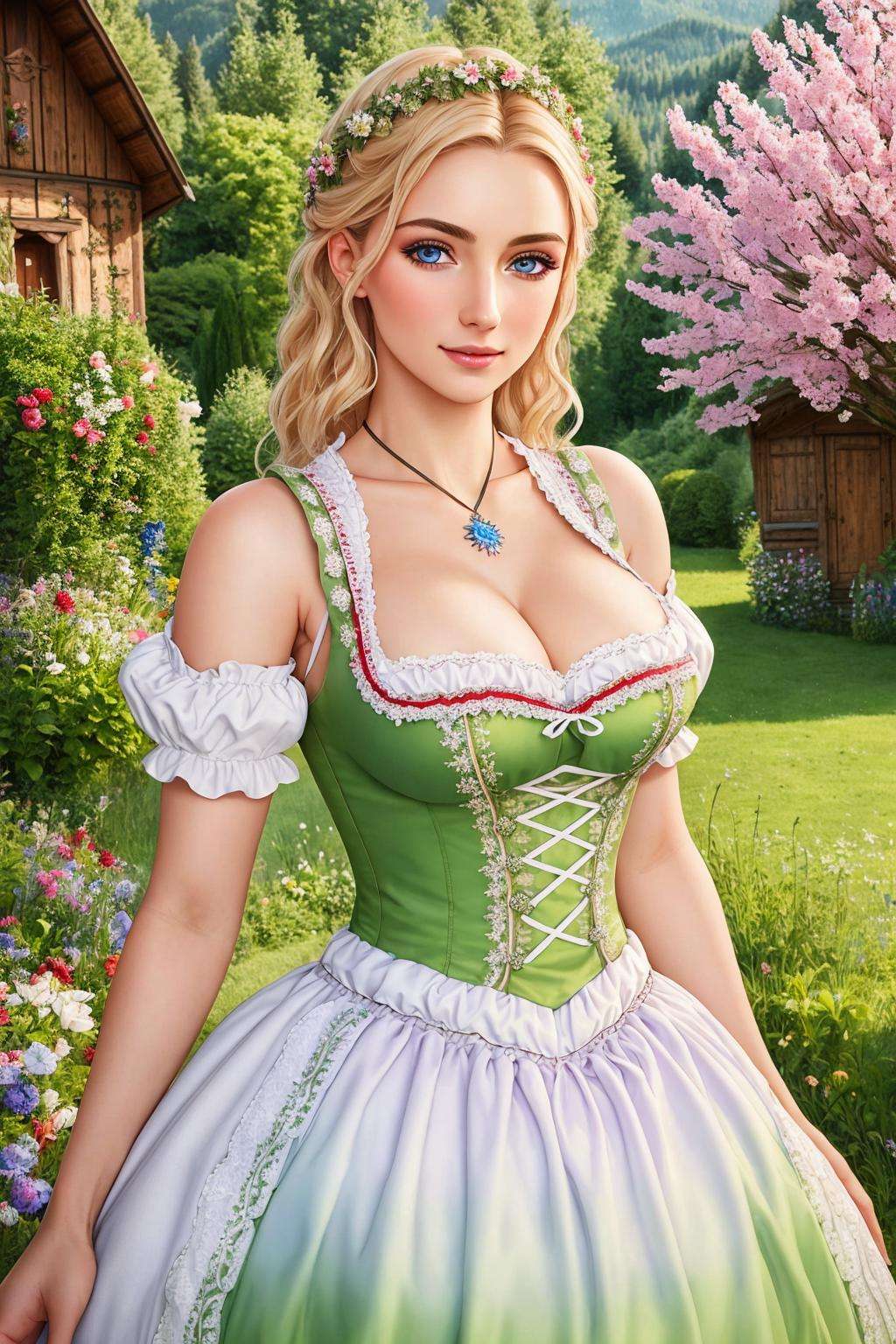 Masterpiece, absurdres,HDR,8k,best quality, ((beautifully detailed eyes and face)),([ballgown|dirndl]::0.5)ballgown, a woman in traditional bavarian dress, wearing a dirndl <lora:edgBavarianGown:1>