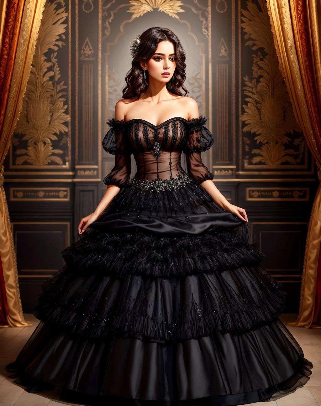 4K, Masterpiece, highres, absurdres,ballgown,edgNoire, woman, black sheer dress,[(see through,feathered top:1.25)|lingerie] ,wearing edgNoire<lora:NoireGown:0.85>